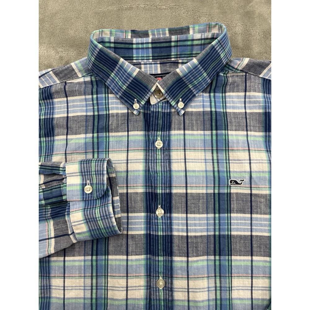 Vineyard Vines Shirt Men Two Extra Large Blue Plaid Button Up Whale Logo Casual